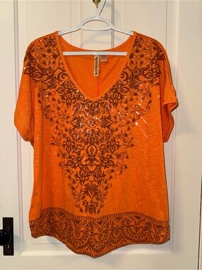 Eyeshadow Brand Orange V-Neck Embellished Short Sleeve Top Women's Size 3X